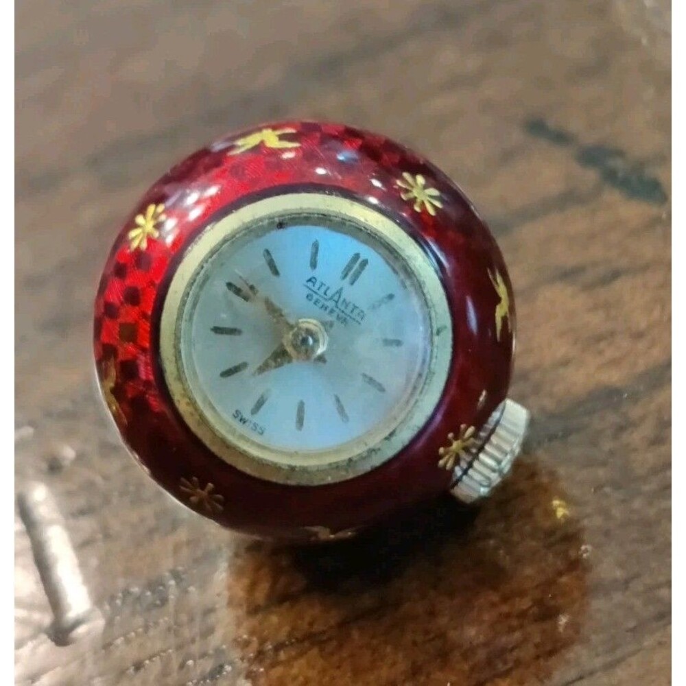 Atlanta Geneve Pendant Watch Swiss-made Orb Red Enamel Hand-painted Gold Birds